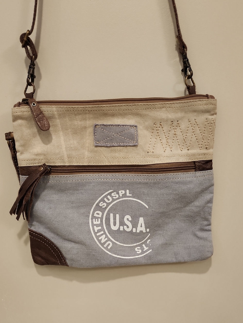 Myra Bag Crossbody Repurposed Canvas United Surplus USA Leather Trim